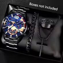 4pcs Luxury Men Business Quartz Watch Gold Alloy.