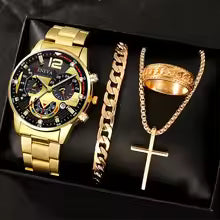 4pcs Luxury Men Business Quartz Watch Gold Alloy.