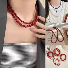 Vintage Red Beaded Necklaces for Women Glass Beads