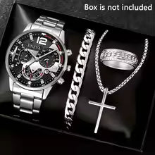 4pcs Luxury Men Business Quartz Watch Gold Alloy.