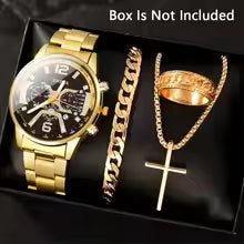 4pcs Luxury Men Business Quartz Watch Gold Alloy.
